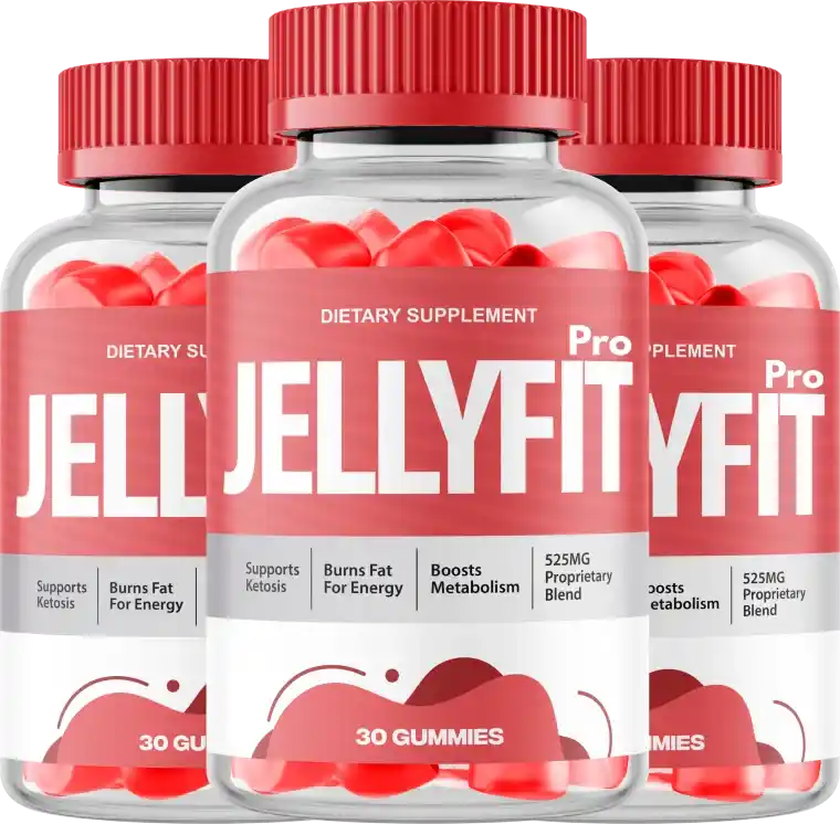 JellyFit Pro keto gummy supplement &mdash; three clear bottles with red label showing JellyFit Pro Advanced Formula, Supports Ketosis, Burns Fat For Energy, Boosts Metabolism, 525MG Proprietary Blend, 30 Gummies dietary supplement